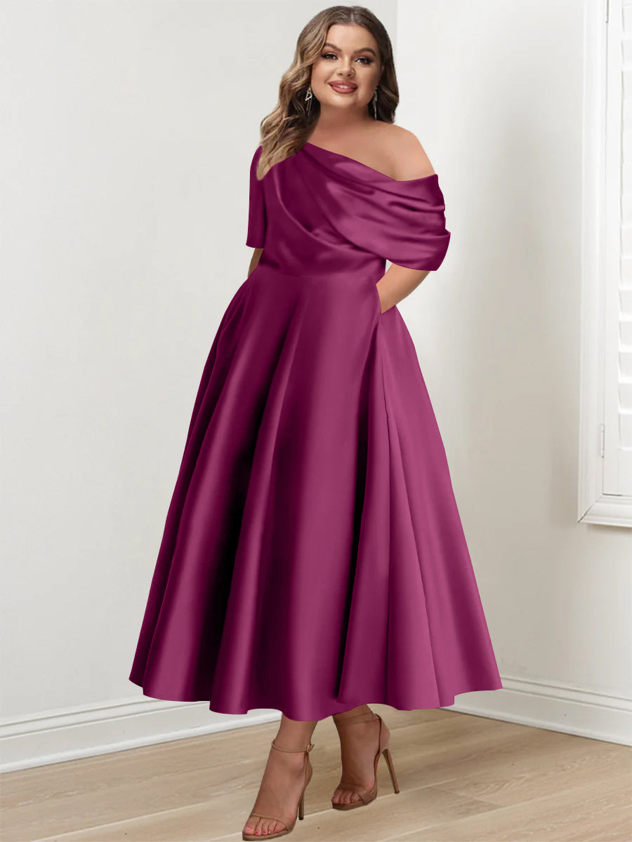 A-Line/Princess One-shoulder Half Sleeve Ankle-Length Plus Size Mother of the Bride Dresses with Ruffles - 이미지 30
