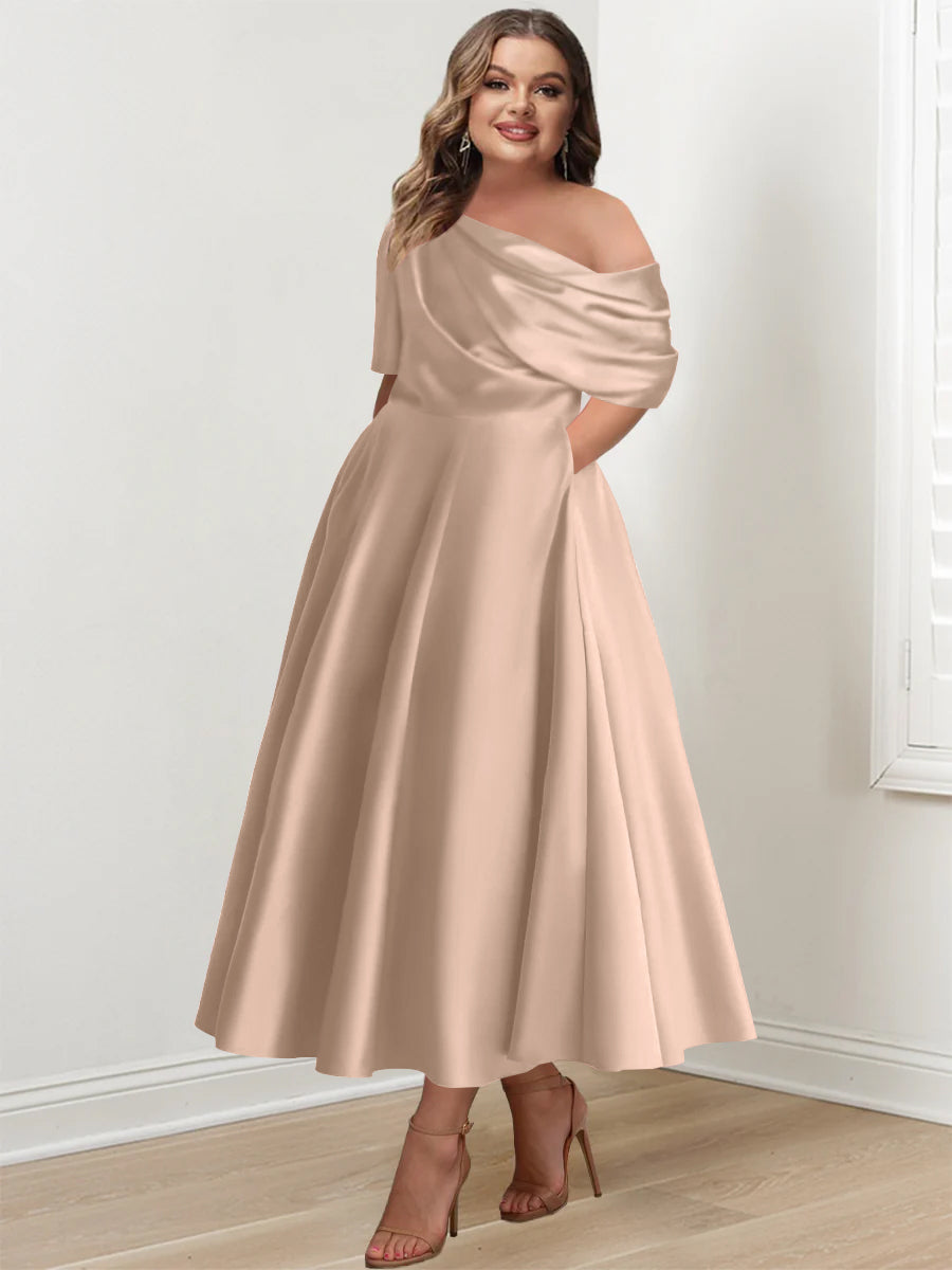 A-Line/Princess One-shoulder Half Sleeve Ankle-Length Plus Size Mother of the Bride Dresses with Ruffles - 이미지 32