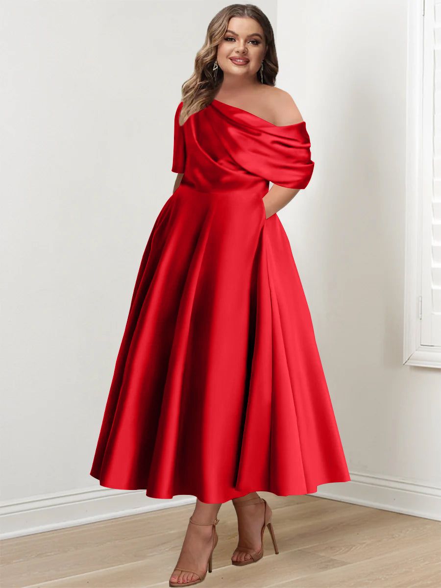A-Line/Princess One-shoulder Half Sleeve Ankle-Length Plus Size Mother of the Bride Dresses with Ruffles - 이미지 35