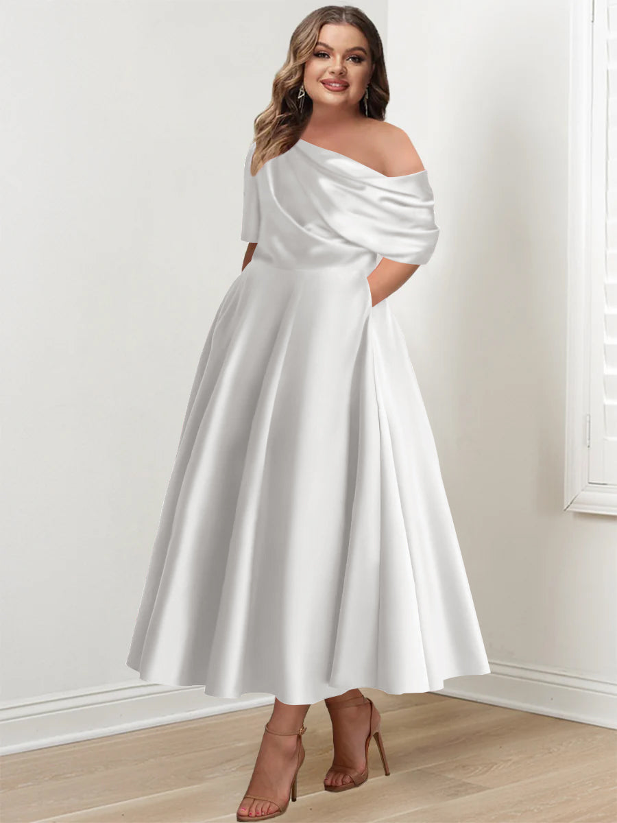 A-Line/Princess One-shoulder Half Sleeve Ankle-Length Plus Size Mother of the Bride Dresses with Ruffles - 이미지 45