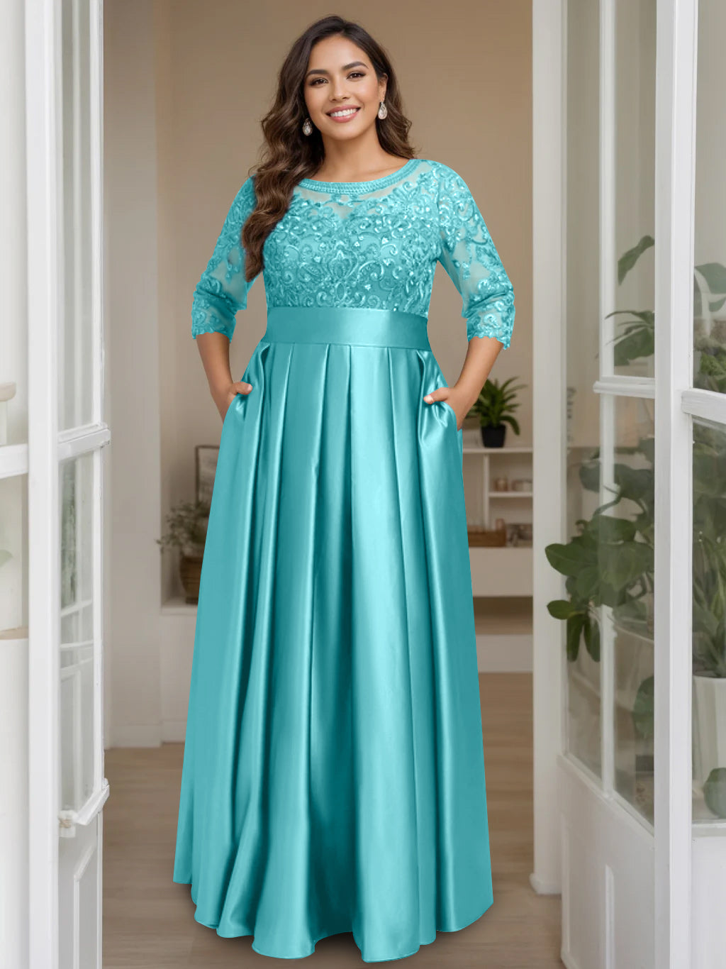 A-Line/Princess Scoop 3/4 Length Sleeves Floor-Length Plus Size Mother of the Bride Dresses with Bow & Sequins - 画像 (13)