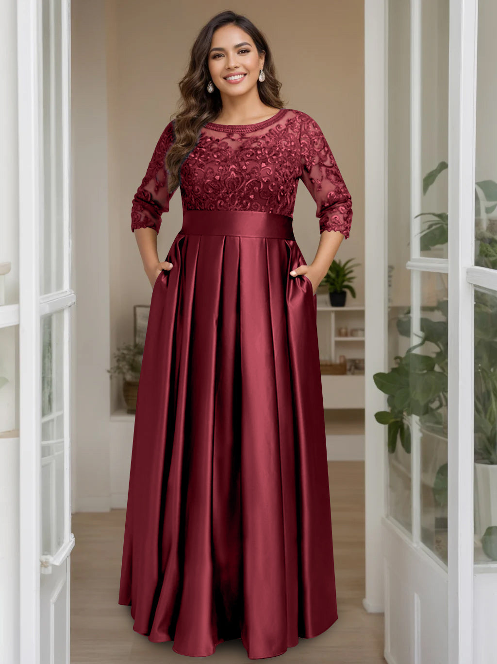 A-Line/Princess Scoop 3/4 Length Sleeves Floor-Length Plus Size Mother of the Bride Dresses with Bow & Sequins - 画像 (14)
