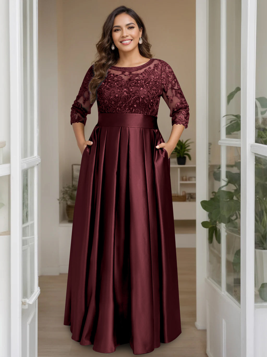 A-Line/Princess Scoop 3/4 Length Sleeves Floor-Length Plus Size Mother of the Bride Dresses with Bow & Sequins - 画像 (15)