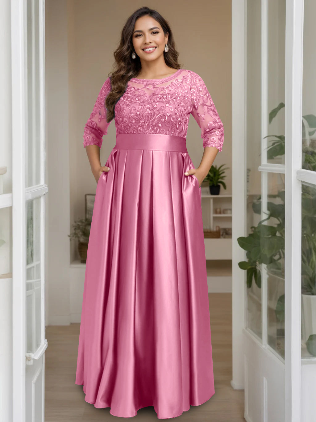 A-Line/Princess Scoop 3/4 Length Sleeves Floor-Length Plus Size Mother of the Bride Dresses with Bow & Sequins - 画像 (16)