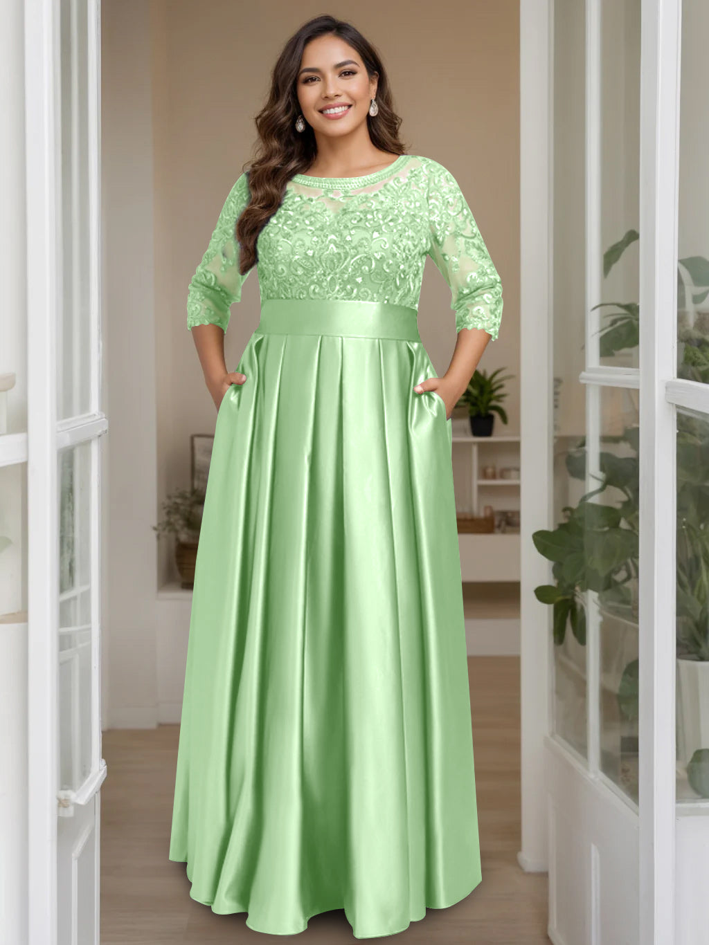 A-Line/Princess Scoop 3/4 Length Sleeves Floor-Length Plus Size Mother of the Bride Dresses with Bow & Sequins - 画像 (17)