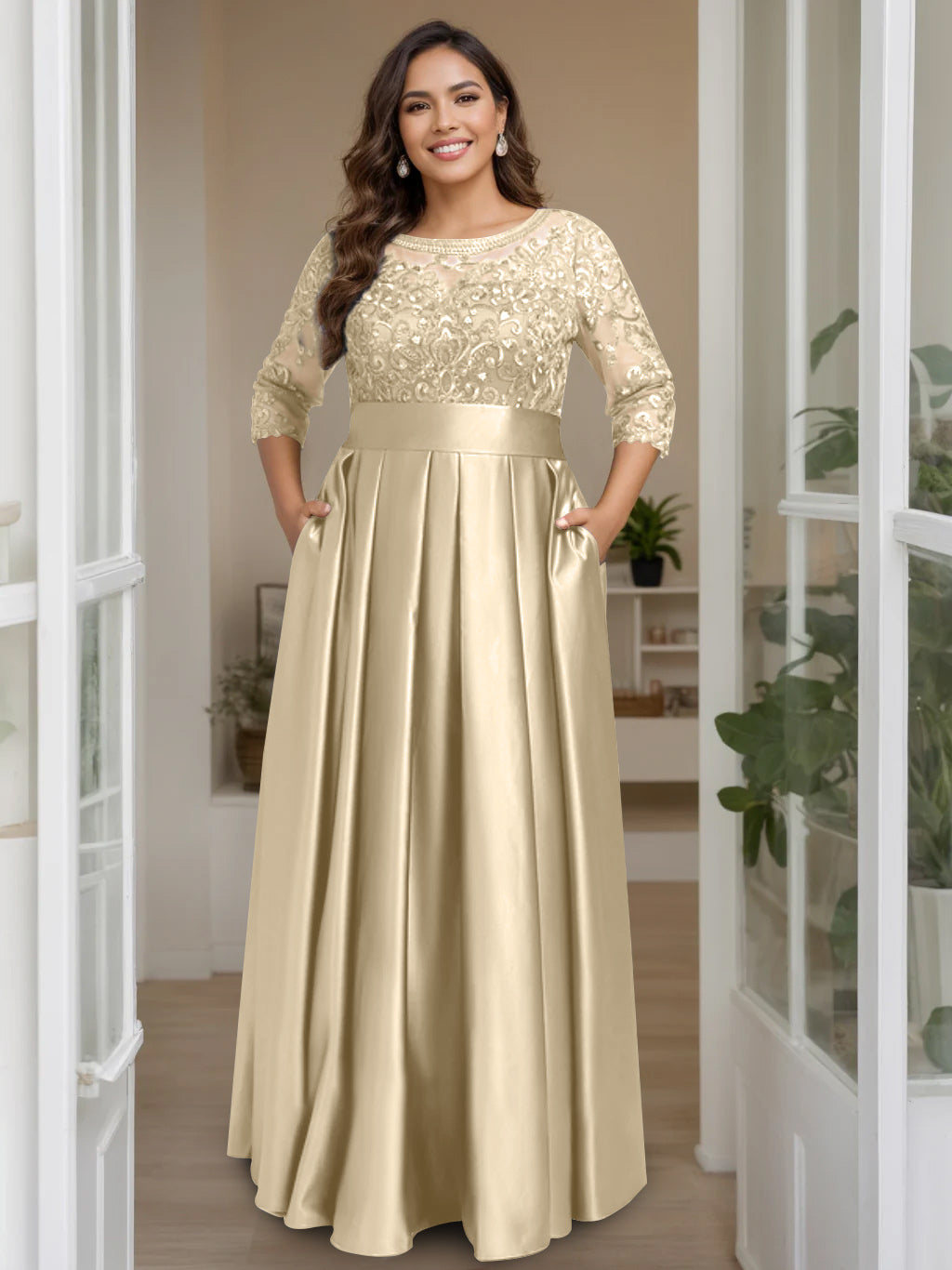 A-Line/Princess Scoop 3/4 Length Sleeves Floor-Length Plus Size Mother of the Bride Dresses with Bow & Sequins - 画像 (18)