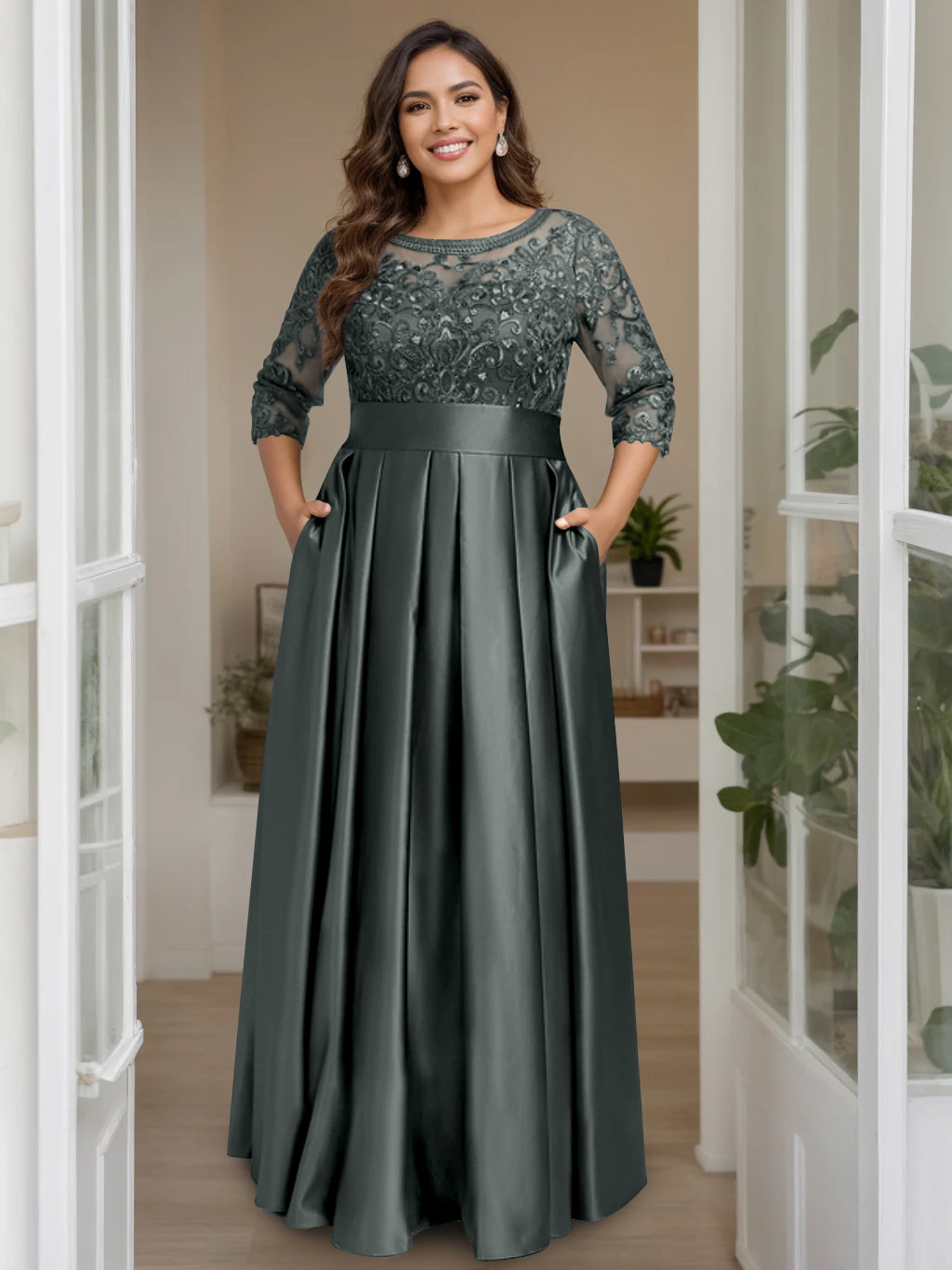 A-Line/Princess Scoop 3/4 Length Sleeves Floor-Length Plus Size Mother of the Bride Dresses with Bow & Sequins - 画像 (3)