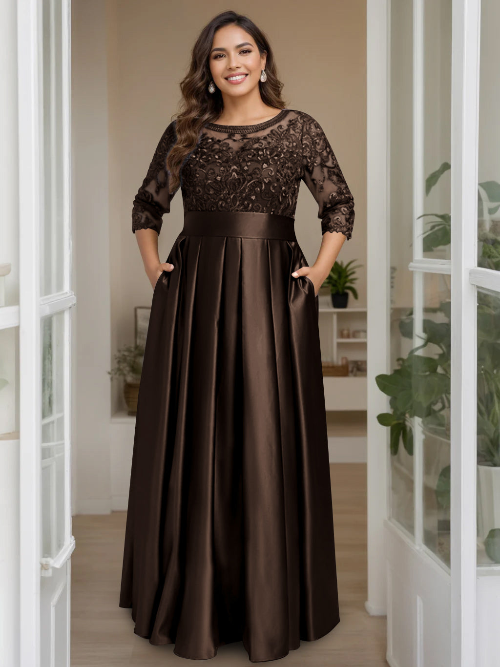 A-Line/Princess Scoop 3/4 Length Sleeves Floor-Length Plus Size Mother of the Bride Dresses with Bow & Sequins - 画像 (19)