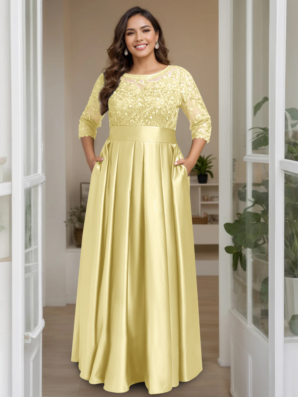 A-Line/Princess Scoop 3/4 Length Sleeves Floor-Length Plus Size Mother of the Bride Dresses with Bow & Sequins - 画像 (22)