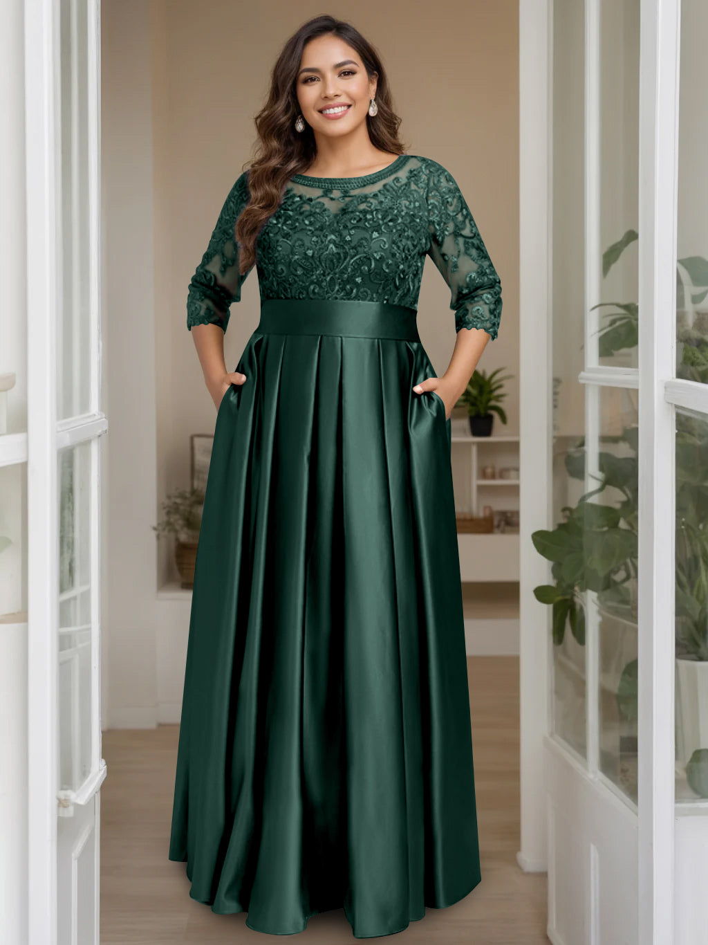 A-Line/Princess Scoop 3/4 Length Sleeves Floor-Length Plus Size Mother of the Bride Dresses with Bow & Sequins - 画像 (24)