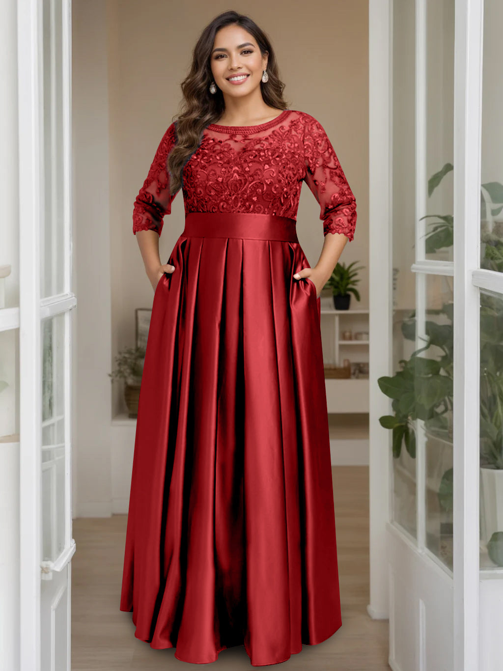 A-Line/Princess Scoop 3/4 Length Sleeves Floor-Length Plus Size Mother of the Bride Dresses with Bow & Sequins - 画像 (25)