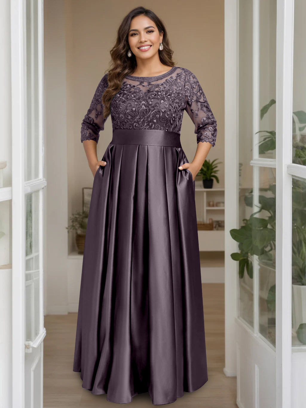 A-Line/Princess Scoop 3/4 Length Sleeves Floor-Length Plus Size Mother of the Bride Dresses with Bow & Sequins - 画像 (27)