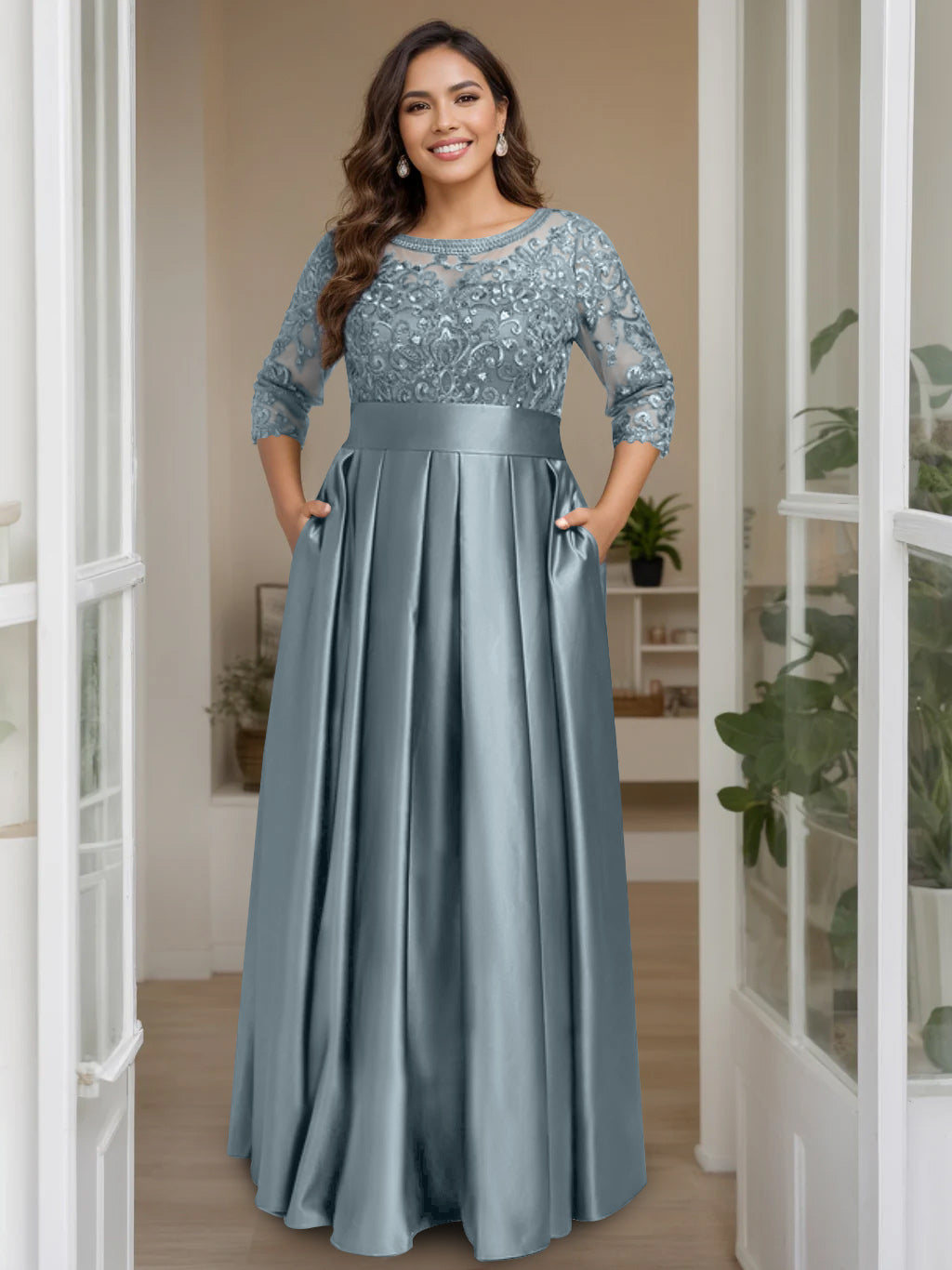 A-Line/Princess Scoop 3/4 Length Sleeves Floor-Length Plus Size Mother of the Bride Dresses with Bow & Sequins - 画像 (28)