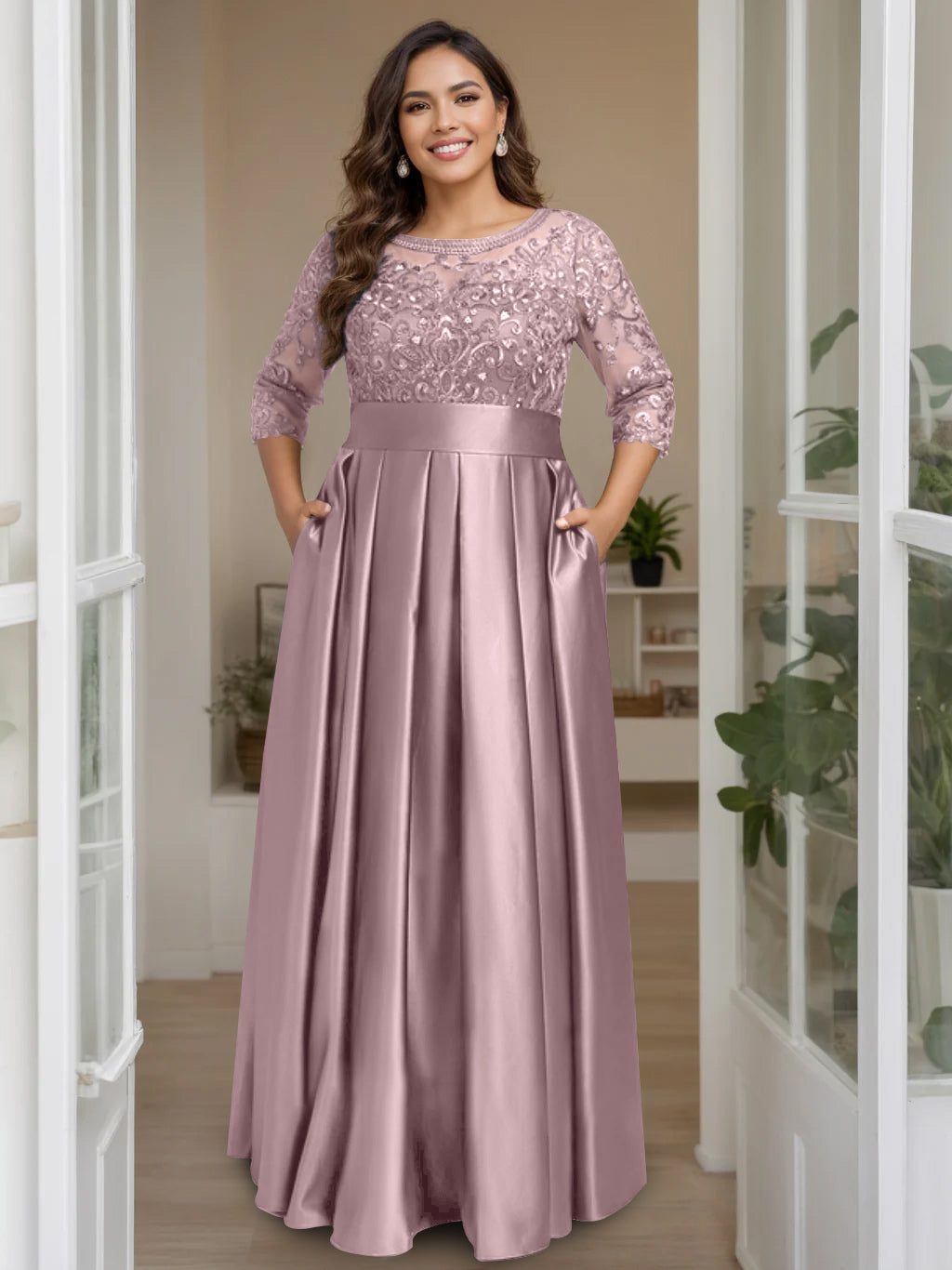 A-Line/Princess Scoop 3/4 Length Sleeves Floor-Length Plus Size Mother of the Bride Dresses with Bow & Sequins - 画像 (4)