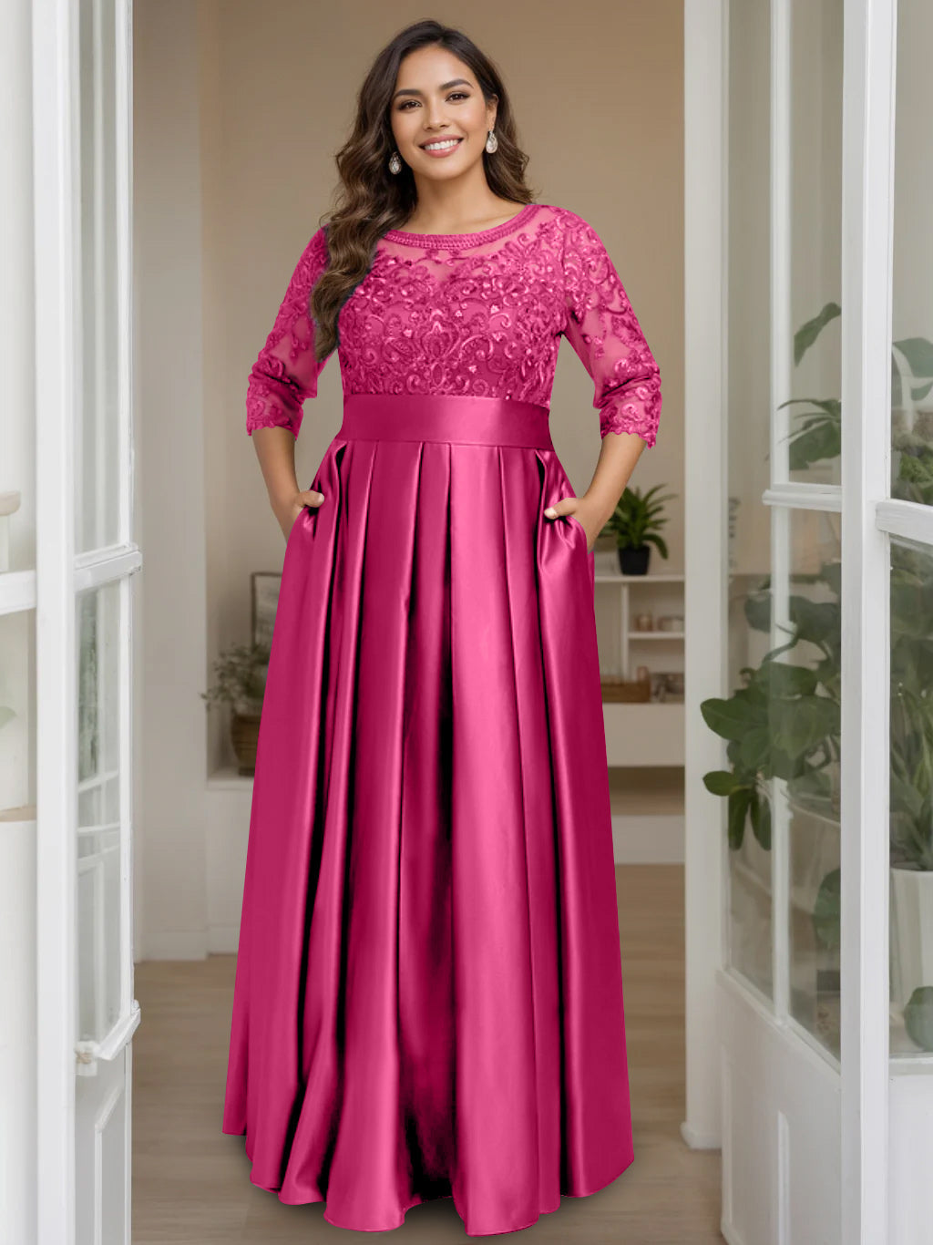 A-Line/Princess Scoop 3/4 Length Sleeves Floor-Length Plus Size Mother of the Bride Dresses with Bow & Sequins - 画像 (30)