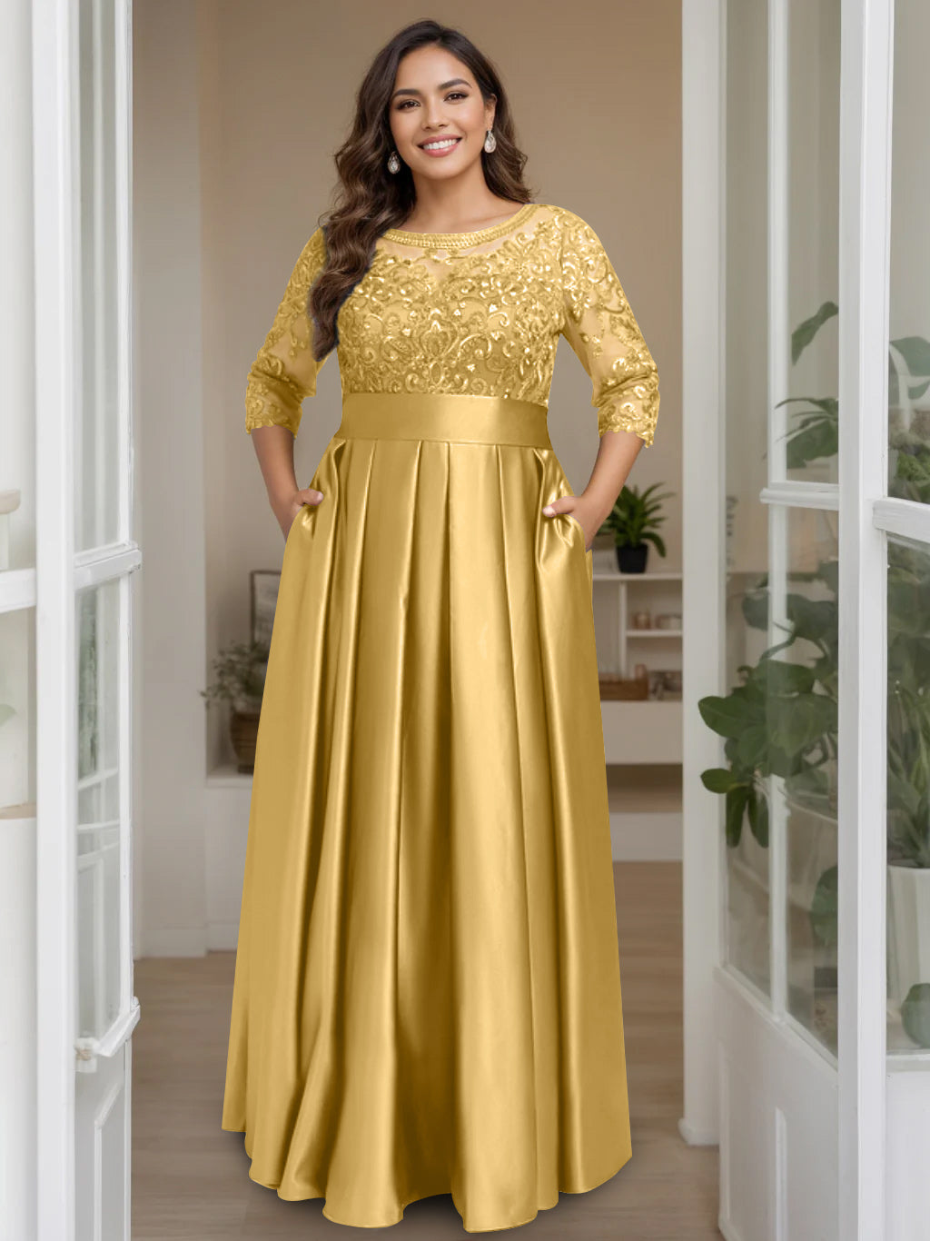 A-Line/Princess Scoop 3/4 Length Sleeves Floor-Length Plus Size Mother of the Bride Dresses with Bow & Sequins - 画像 (31)