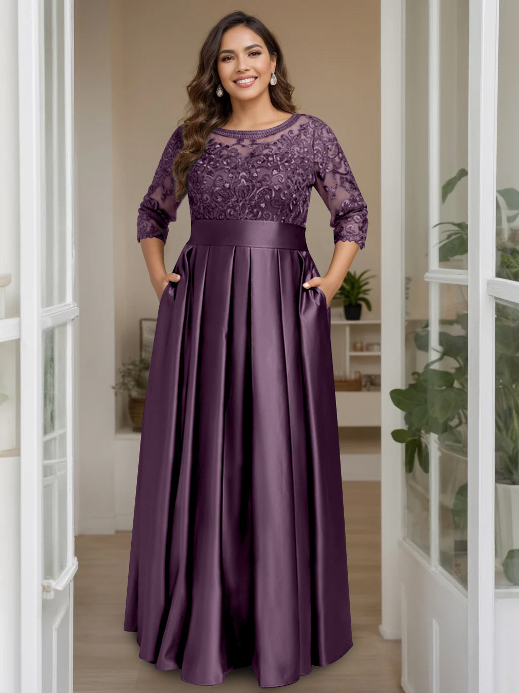 A-Line/Princess Scoop 3/4 Length Sleeves Floor-Length Plus Size Mother of the Bride Dresses with Bow & Sequins - 画像 (32)