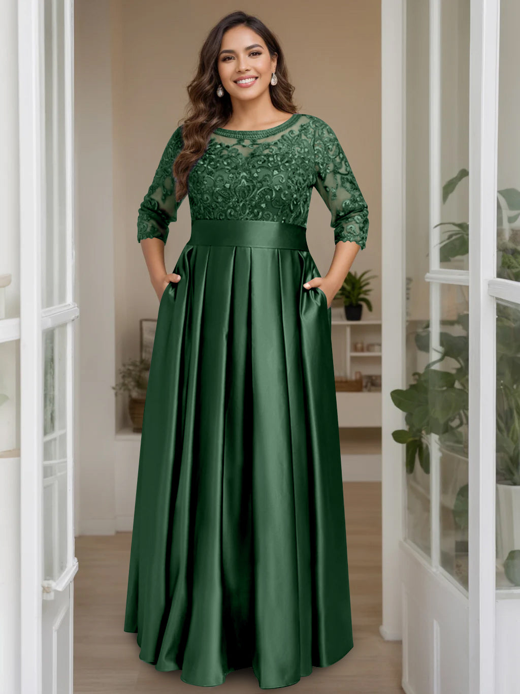 A-Line/Princess Scoop 3/4 Length Sleeves Floor-Length Plus Size Mother of the Bride Dresses with Bow & Sequins - 画像 (33)