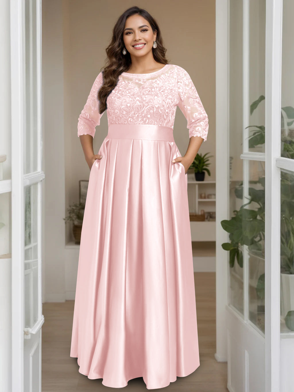 A-Line/Princess Scoop 3/4 Length Sleeves Floor-Length Plus Size Mother of the Bride Dresses with Bow & Sequins - 画像 (34)