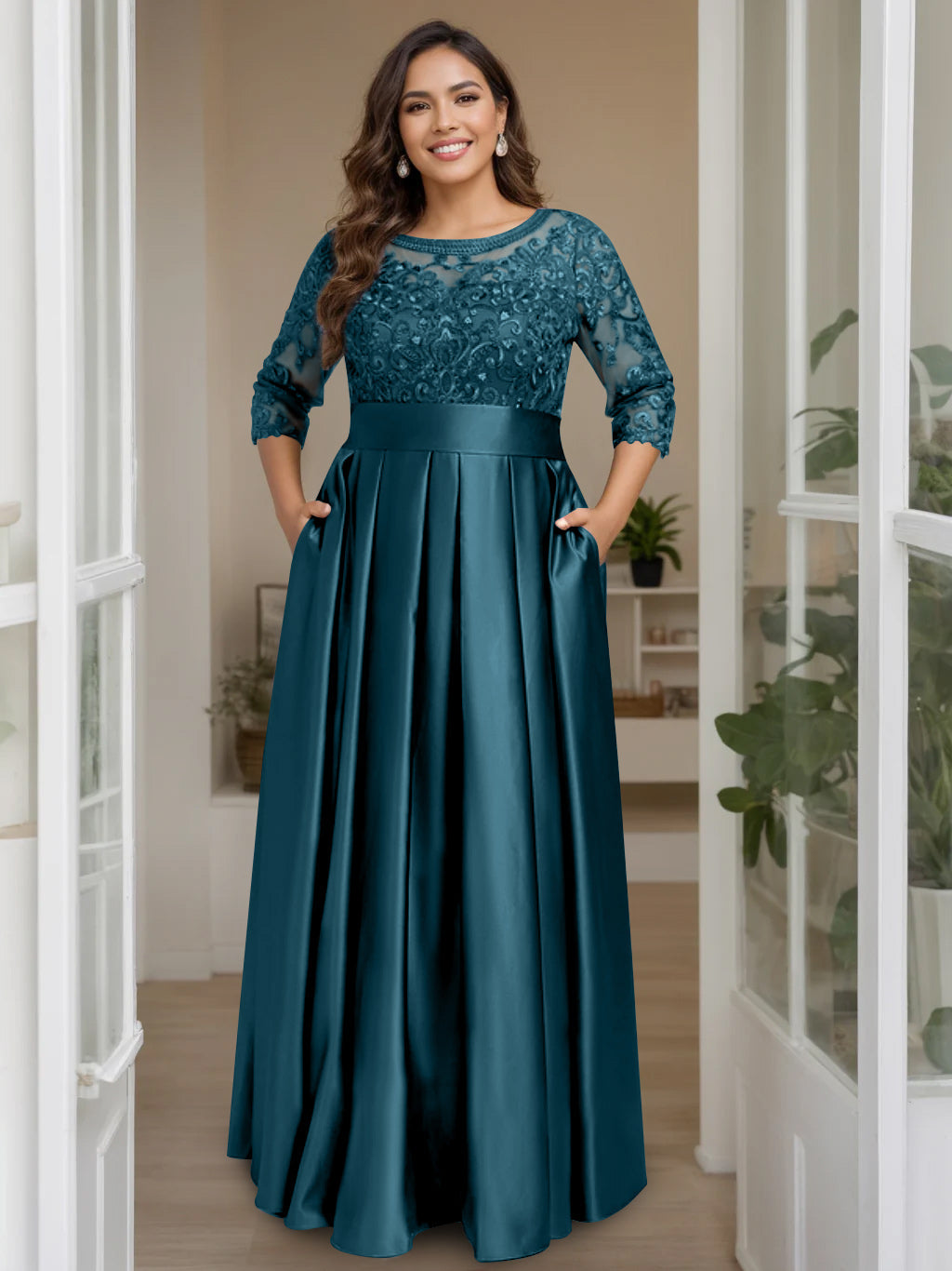 A-Line/Princess Scoop 3/4 Length Sleeves Floor-Length Plus Size Mother of the Bride Dresses with Bow & Sequins - 画像 (35)
