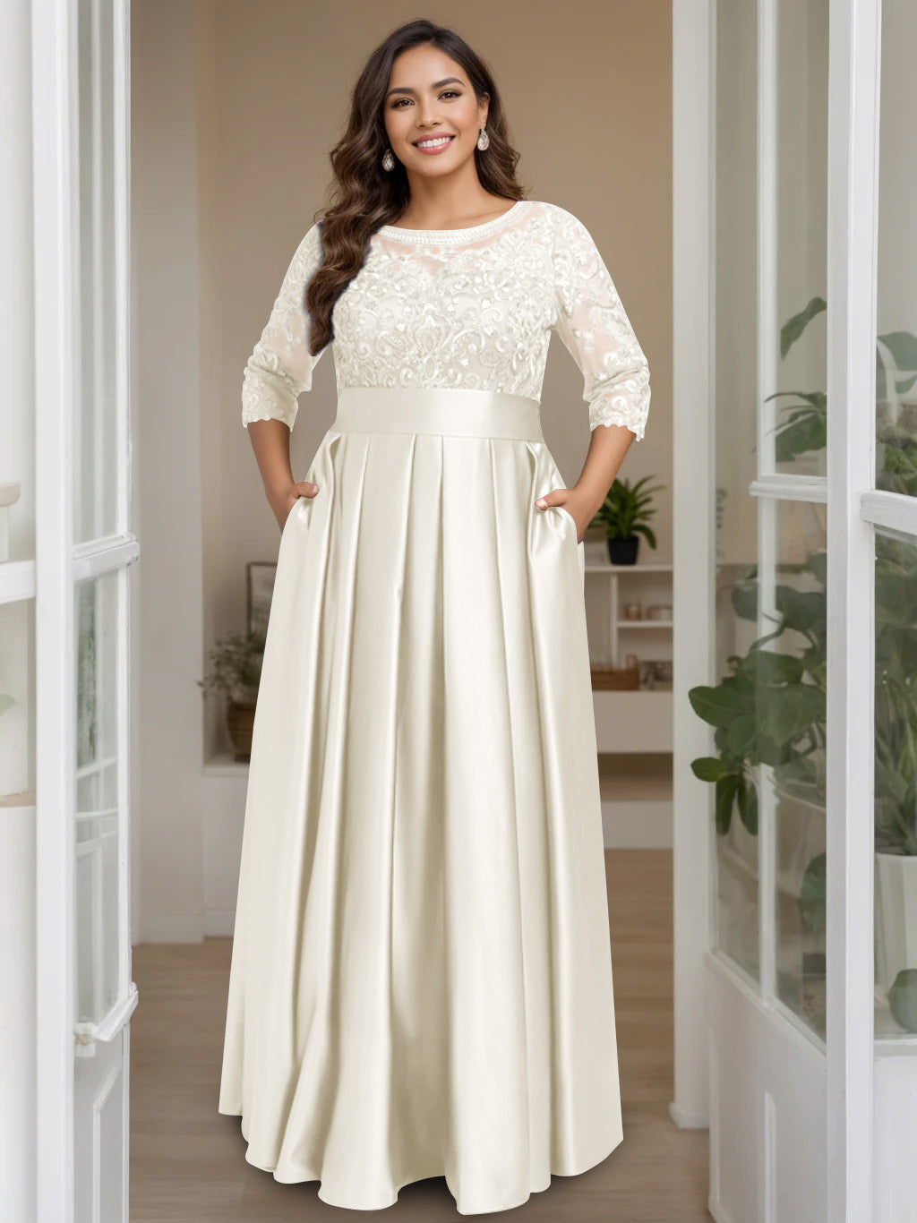 A-Line/Princess Scoop 3/4 Length Sleeves Floor-Length Plus Size Mother of the Bride Dresses with Bow & Sequins - 画像 (5)