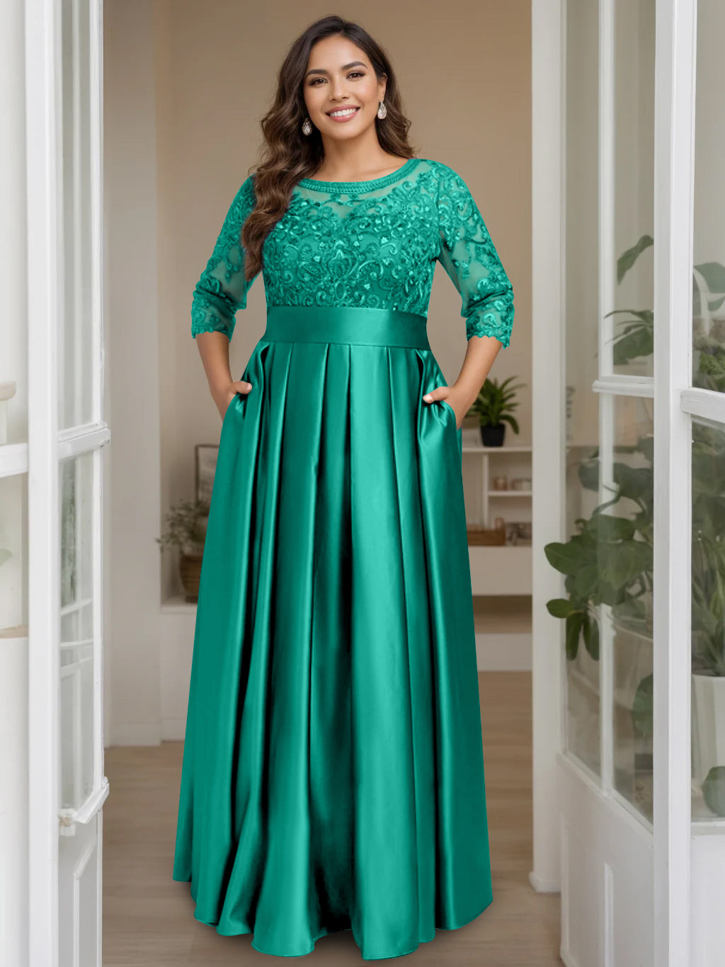 A-Line/Princess Scoop 3/4 Length Sleeves Floor-Length Plus Size Mother of the Bride Dresses with Bow & Sequins - 画像 (36)