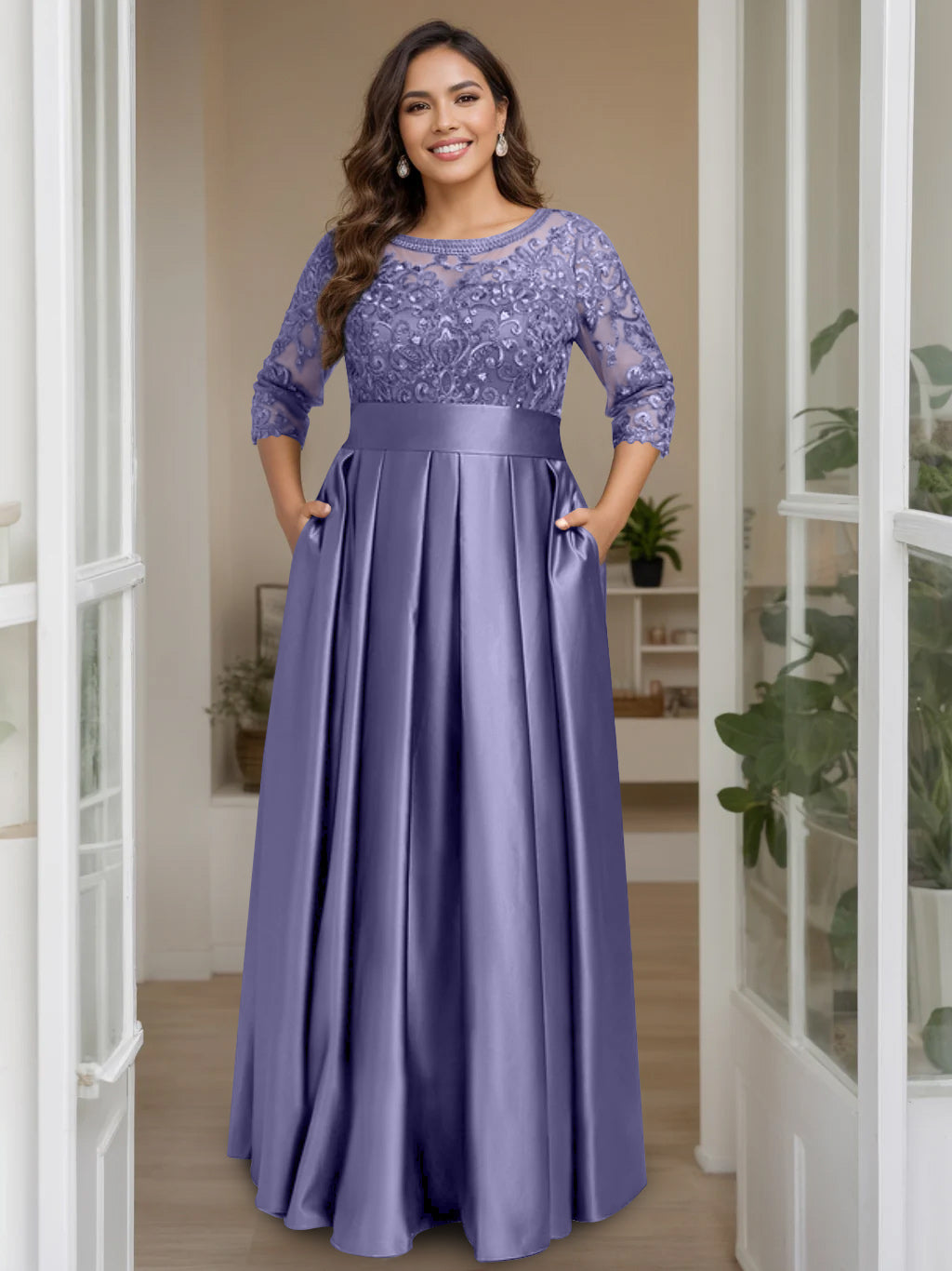 A-Line/Princess Scoop 3/4 Length Sleeves Floor-Length Plus Size Mother of the Bride Dresses with Bow & Sequins - 画像 (6)