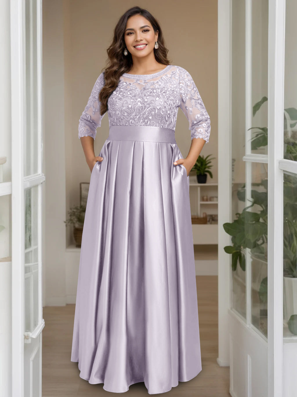 A-Line/Princess Scoop 3/4 Length Sleeves Floor-Length Plus Size Mother of the Bride Dresses with Bow & Sequins - 画像 (38)