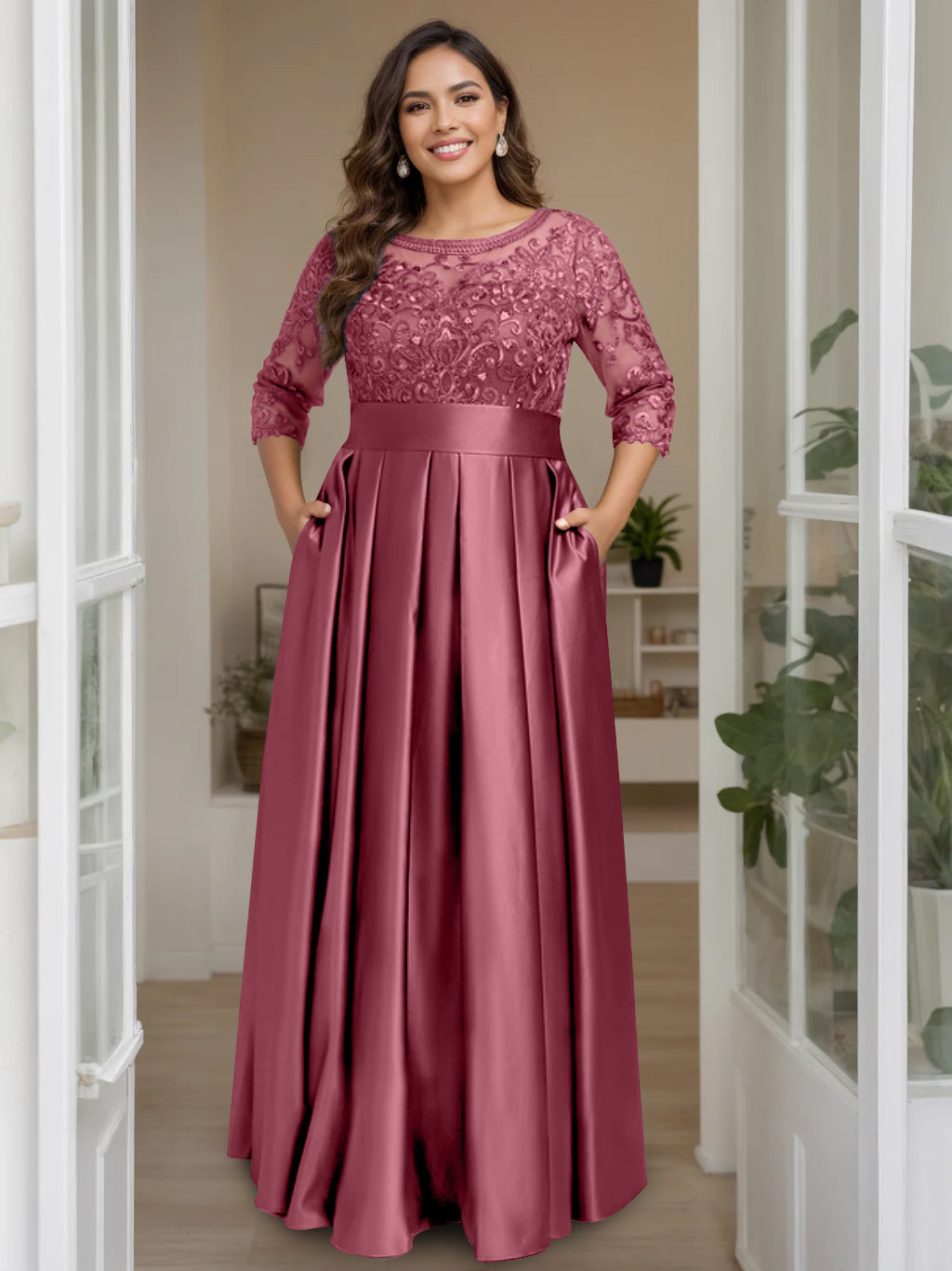 A-Line/Princess Scoop 3/4 Length Sleeves Floor-Length Plus Size Mother of the Bride Dresses with Bow & Sequins - 画像 (40)