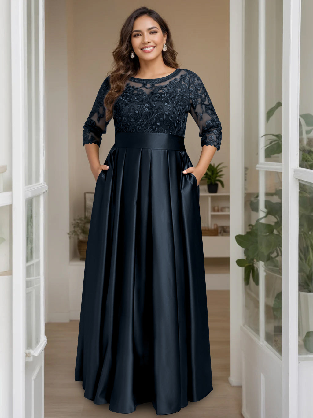 A-Line/Princess Scoop 3/4 Length Sleeves Floor-Length Plus Size Mother of the Bride Dresses with Bow & Sequins - 画像 (7)