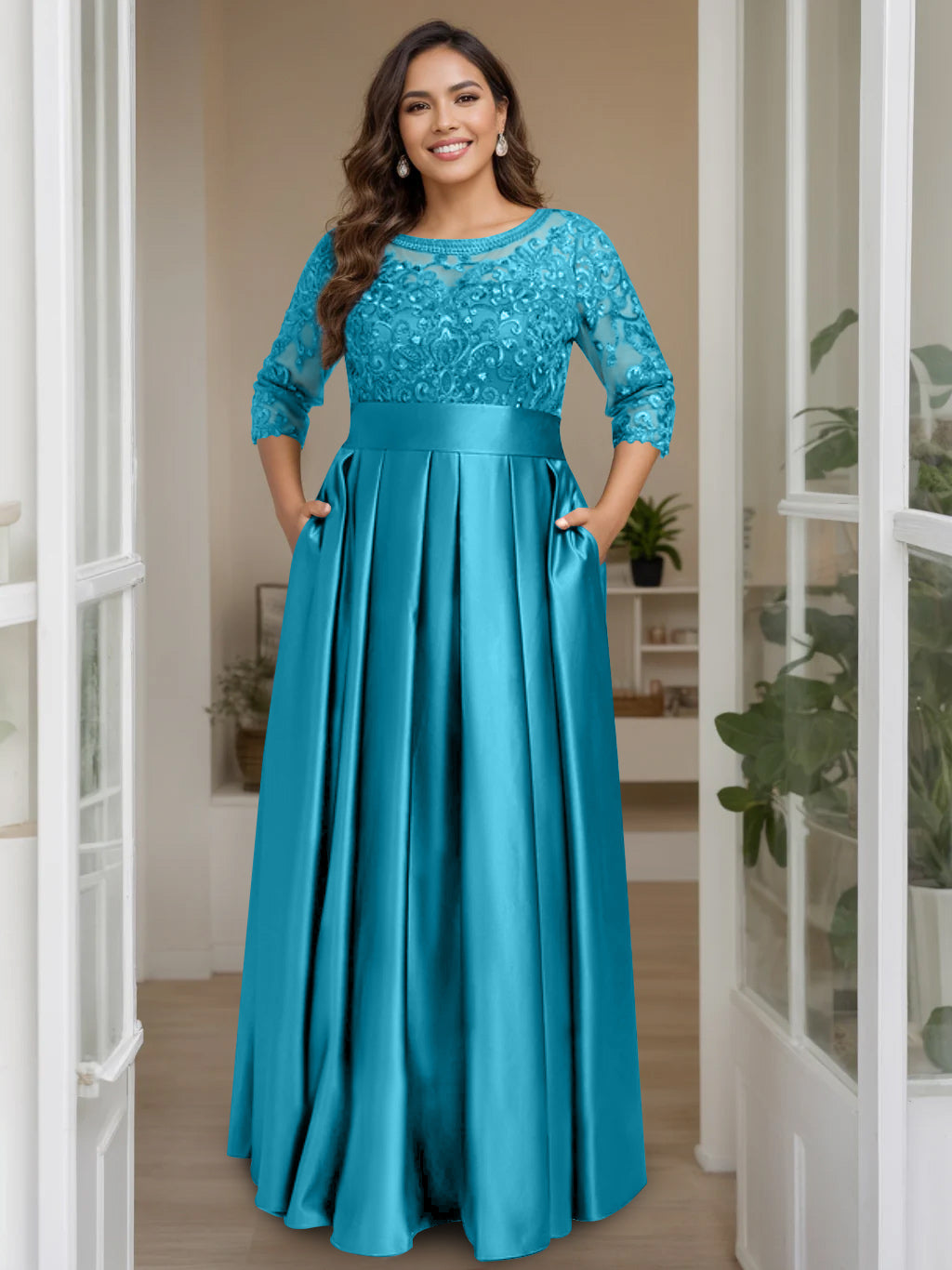 A-Line/Princess Scoop 3/4 Length Sleeves Floor-Length Plus Size Mother of the Bride Dresses with Bow & Sequins - 画像 (41)