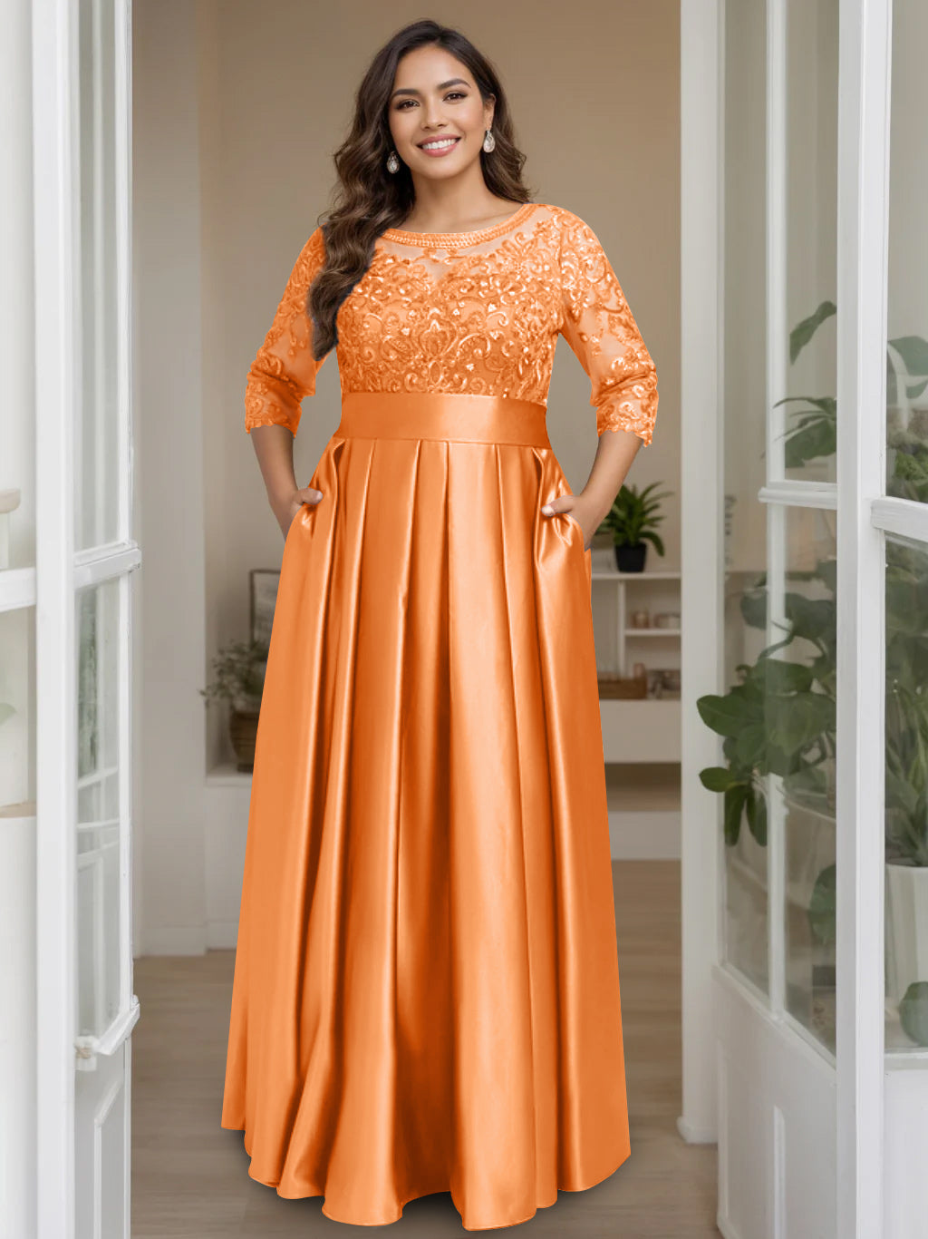 A-Line/Princess Scoop 3/4 Length Sleeves Floor-Length Plus Size Mother of the Bride Dresses with Bow & Sequins - 画像 (42)