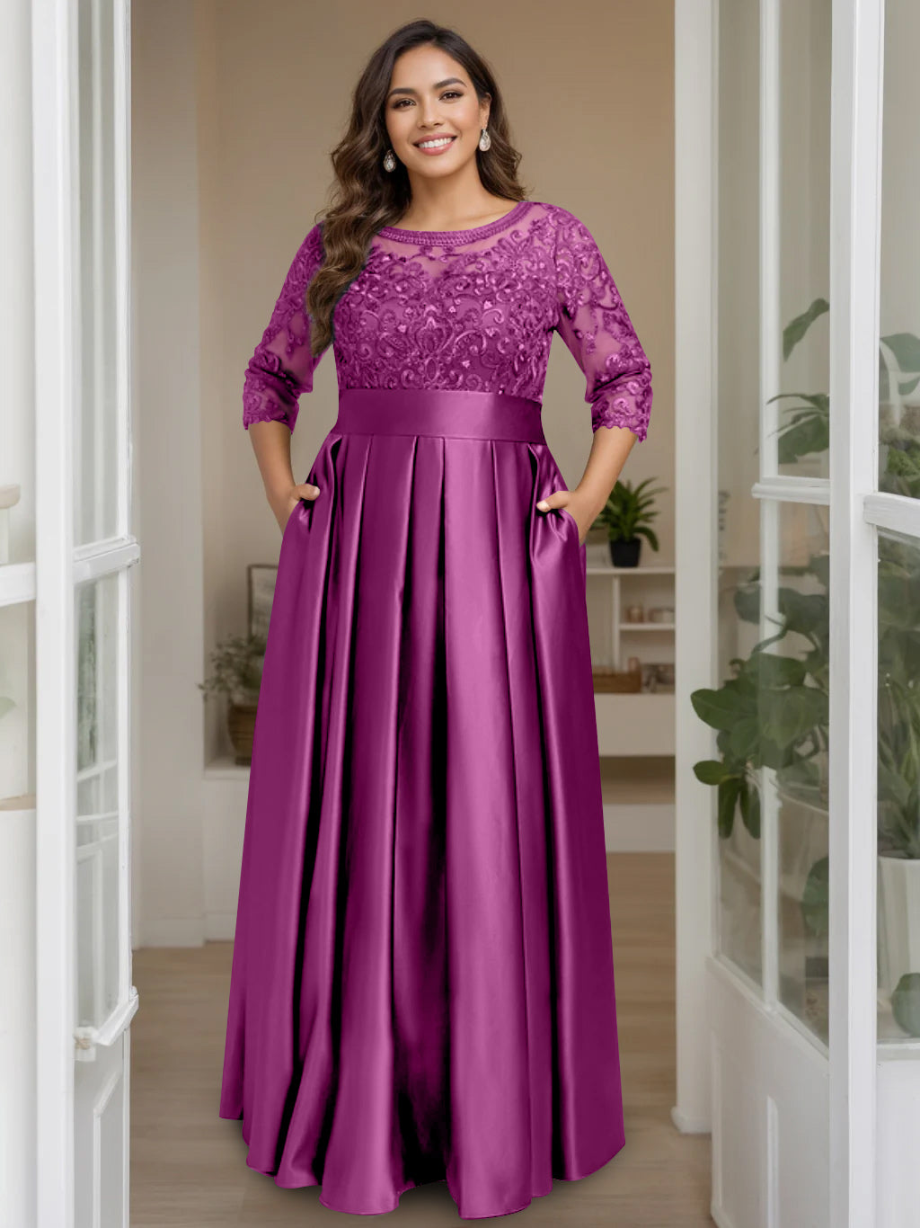 A-Line/Princess Scoop 3/4 Length Sleeves Floor-Length Plus Size Mother of the Bride Dresses with Bow & Sequins - 画像 (43)