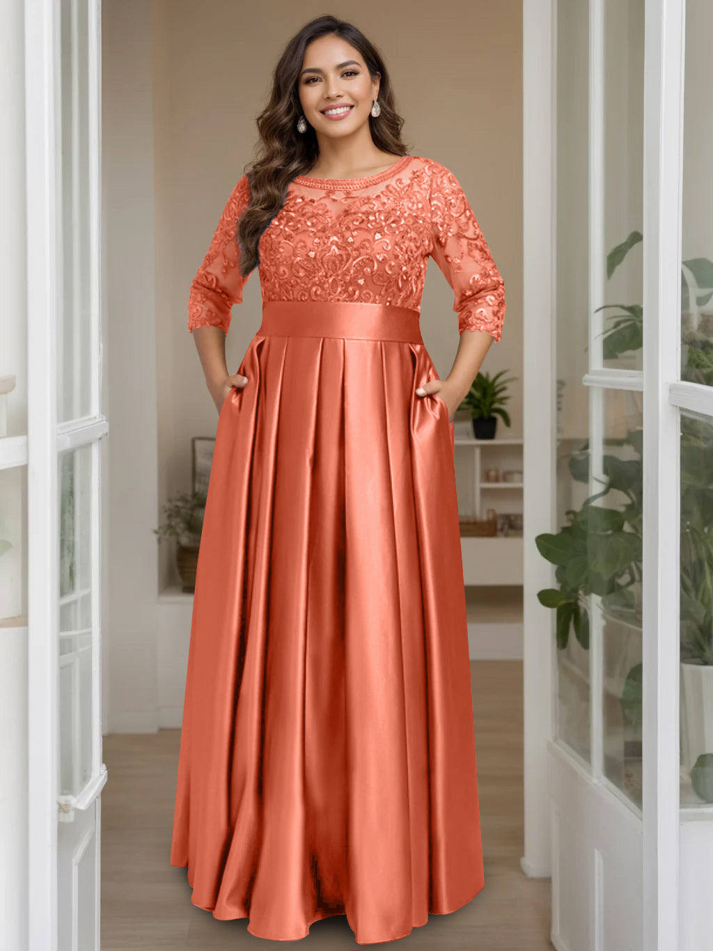 A-Line/Princess Scoop 3/4 Length Sleeves Floor-Length Plus Size Mother of the Bride Dresses with Bow & Sequins - 画像 (44)