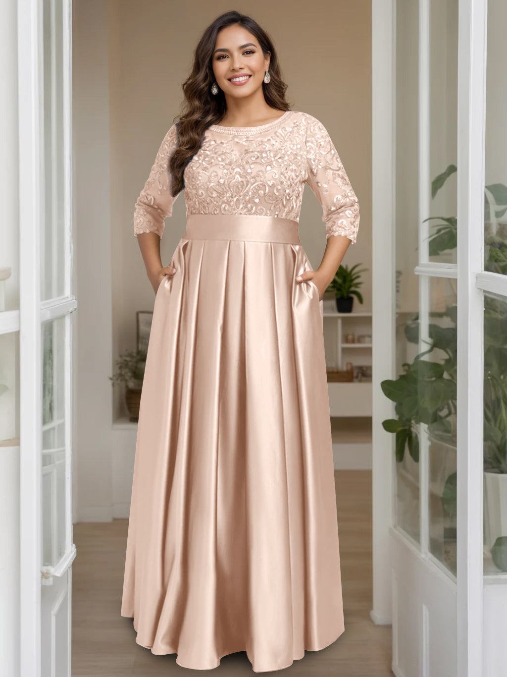 A-Line/Princess Scoop 3/4 Length Sleeves Floor-Length Plus Size Mother of the Bride Dresses with Bow & Sequins - 画像 (45)