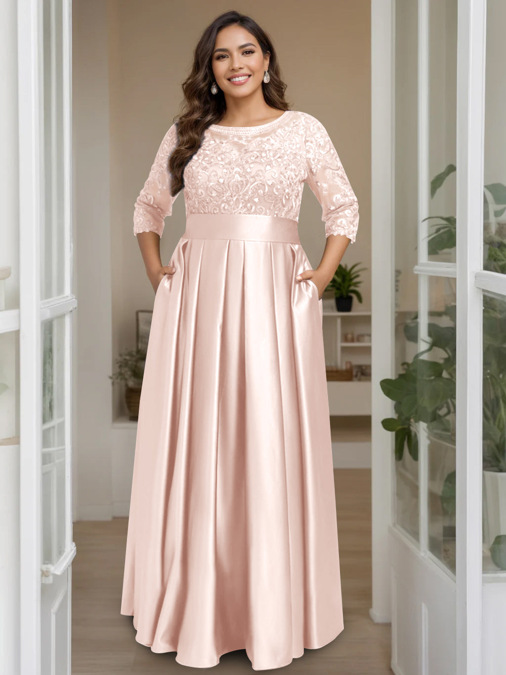 A-Line/Princess Scoop 3/4 Length Sleeves Floor-Length Plus Size Mother of the Bride Dresses with Bow & Sequins - 画像 (46)