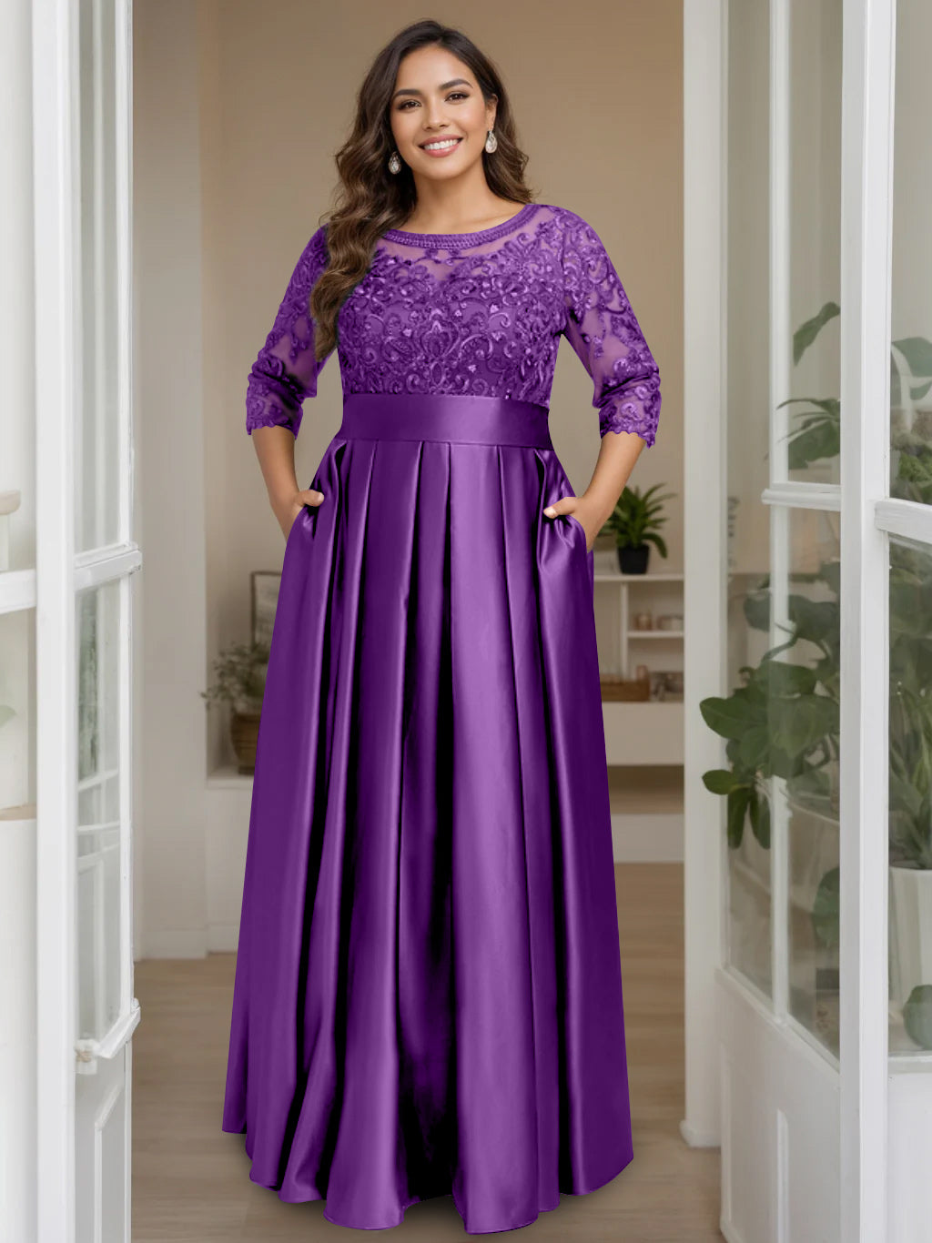 A-Line/Princess Scoop 3/4 Length Sleeves Floor-Length Plus Size Mother of the Bride Dresses with Bow & Sequins - 画像 (47)