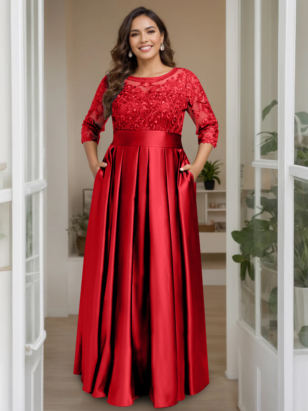 A-Line/Princess Scoop 3/4 Length Sleeves Floor-Length Plus Size Mother of the Bride Dresses with Bow & Sequins - 画像 (49)