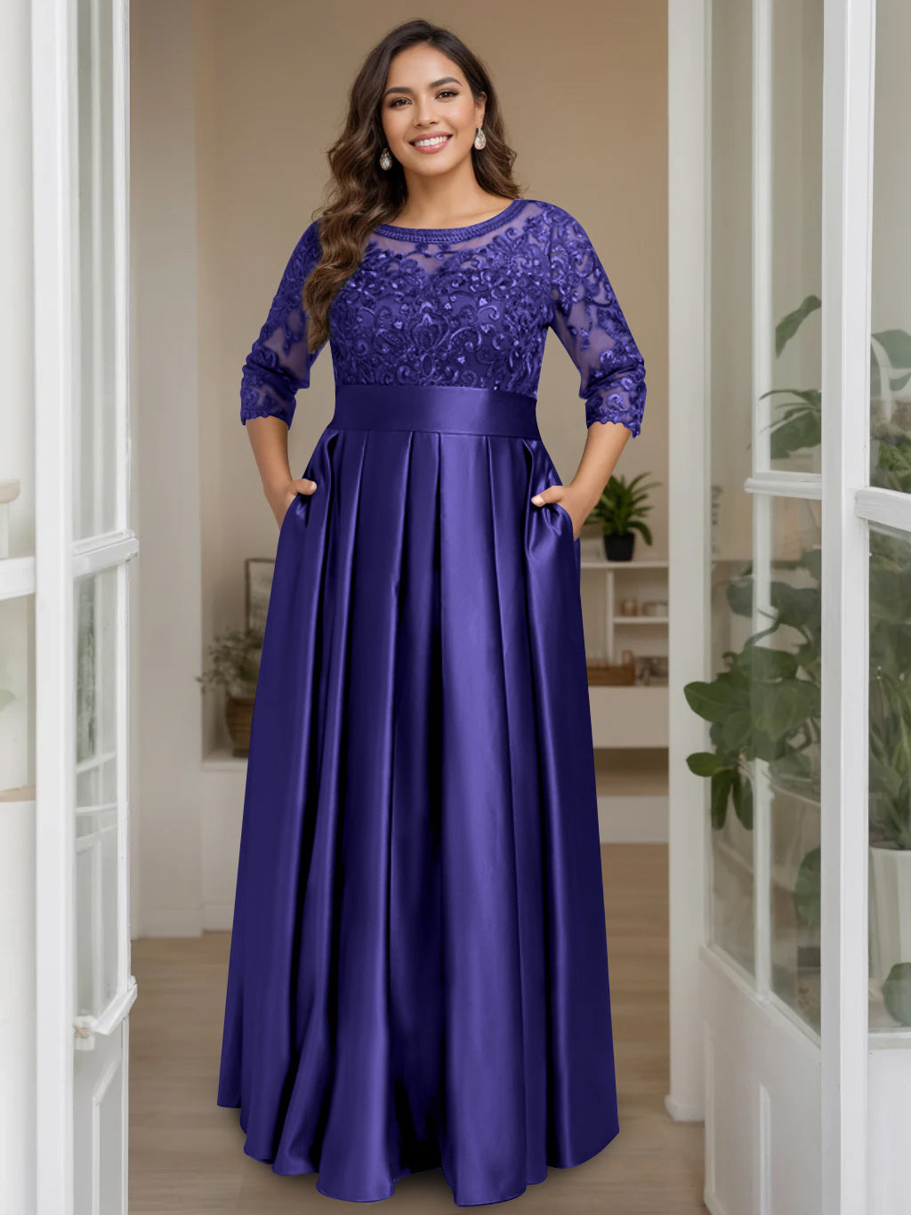 A-Line/Princess Scoop 3/4 Length Sleeves Floor-Length Plus Size Mother of the Bride Dresses with Bow & Sequins - 画像 (50)