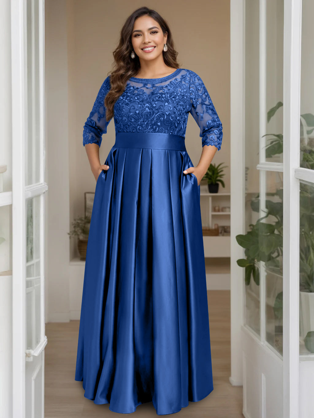A-Line/Princess Scoop 3/4 Length Sleeves Floor-Length Plus Size Mother of the Bride Dresses with Bow & Sequins - 画像 (51)