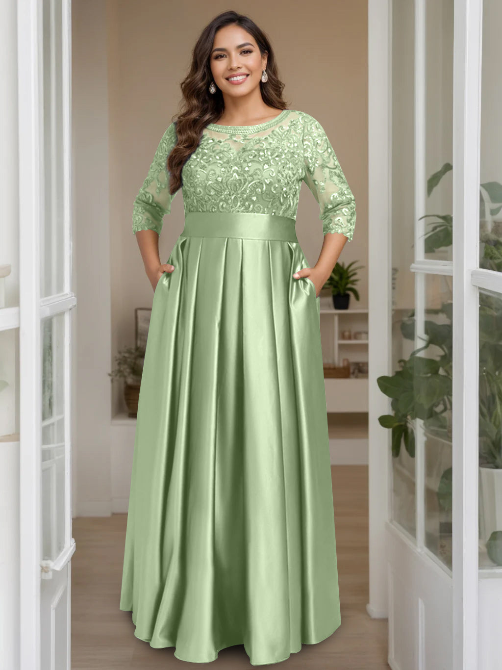 A-Line/Princess Scoop 3/4 Length Sleeves Floor-Length Plus Size Mother of the Bride Dresses with Bow & Sequins - 画像 (8)