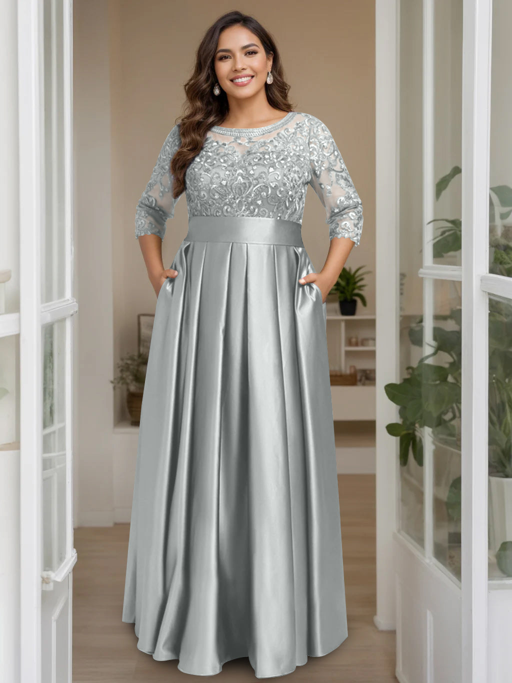 A-Line/Princess Scoop 3/4 Length Sleeves Floor-Length Plus Size Mother of the Bride Dresses with Bow & Sequins - 画像 (9)
