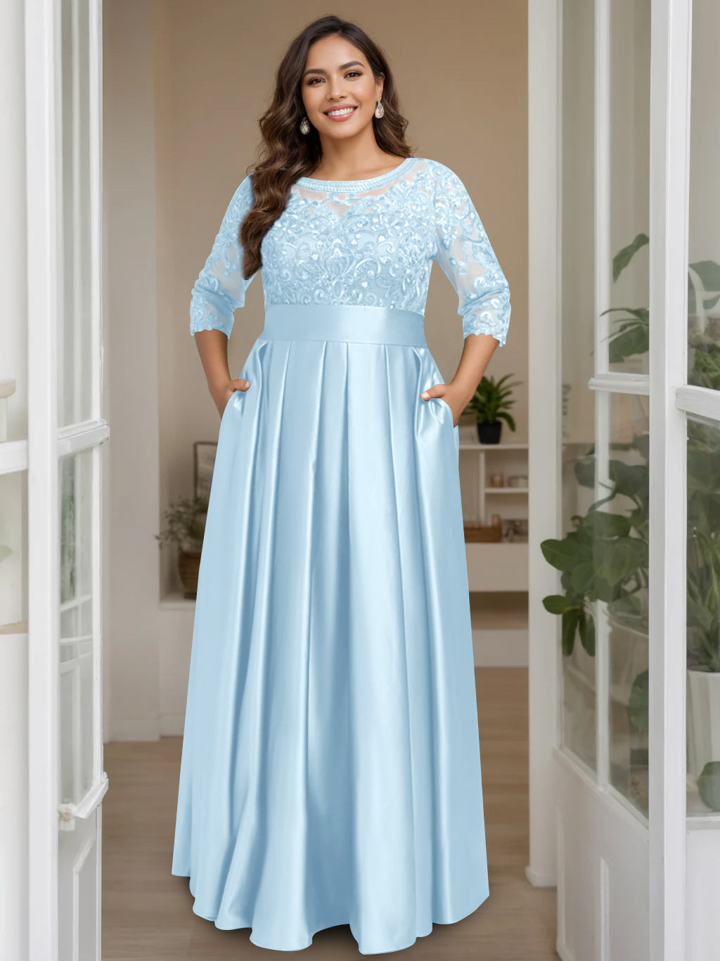 A-Line/Princess Scoop 3/4 Length Sleeves Floor-Length Plus Size Mother of the Bride Dresses with Bow & Sequins - 画像 (52)
