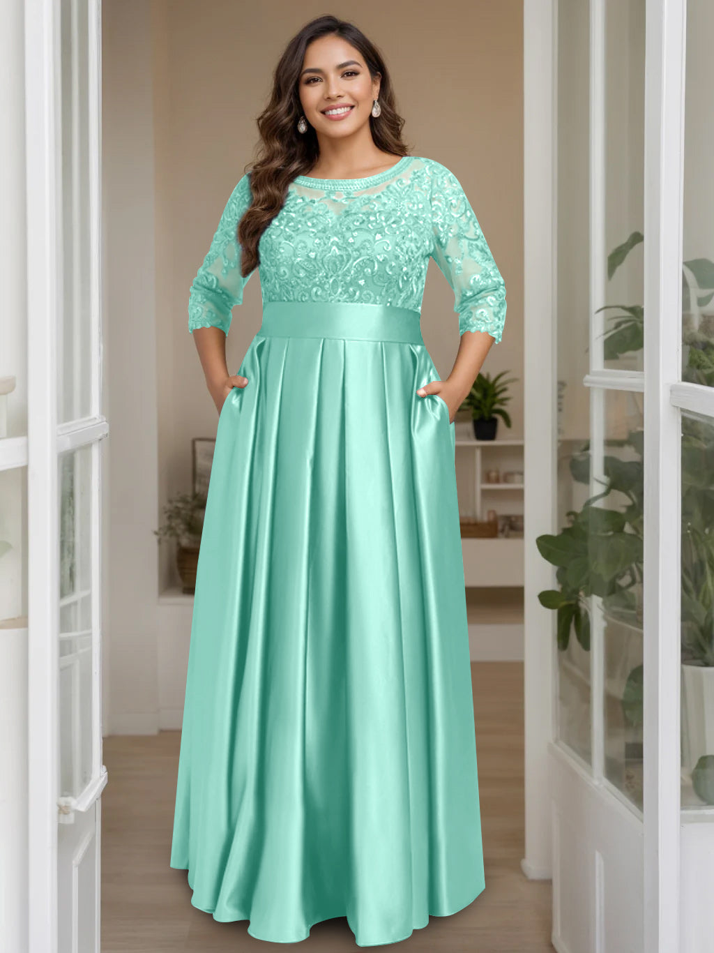 A-Line/Princess Scoop 3/4 Length Sleeves Floor-Length Plus Size Mother of the Bride Dresses with Bow & Sequins - 画像 (53)