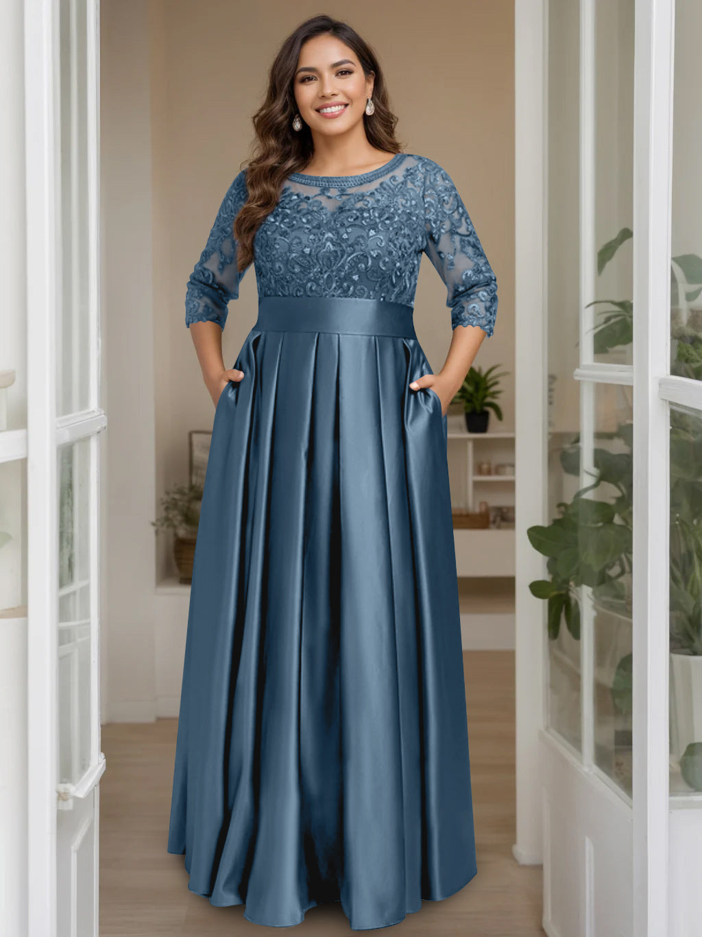 A-Line/Princess Scoop 3/4 Length Sleeves Floor-Length Plus Size Mother of the Bride Dresses with Bow & Sequins - 画像 (54)