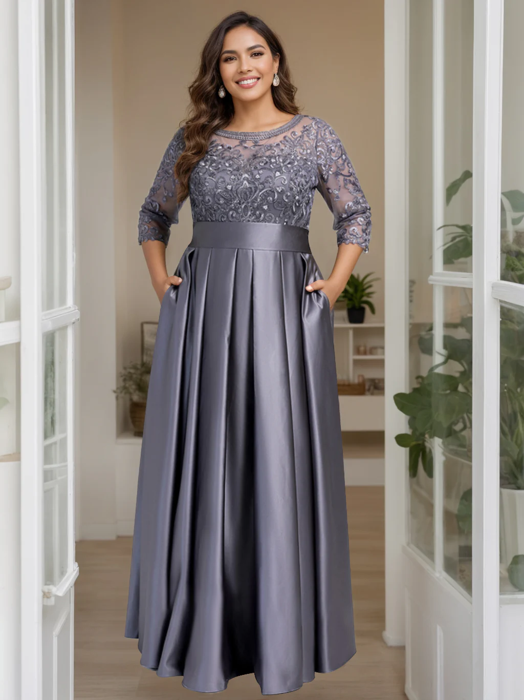 A-Line/Princess Scoop 3/4 Length Sleeves Floor-Length Plus Size Mother of the Bride Dresses with Bow & Sequins - 画像 (55)
