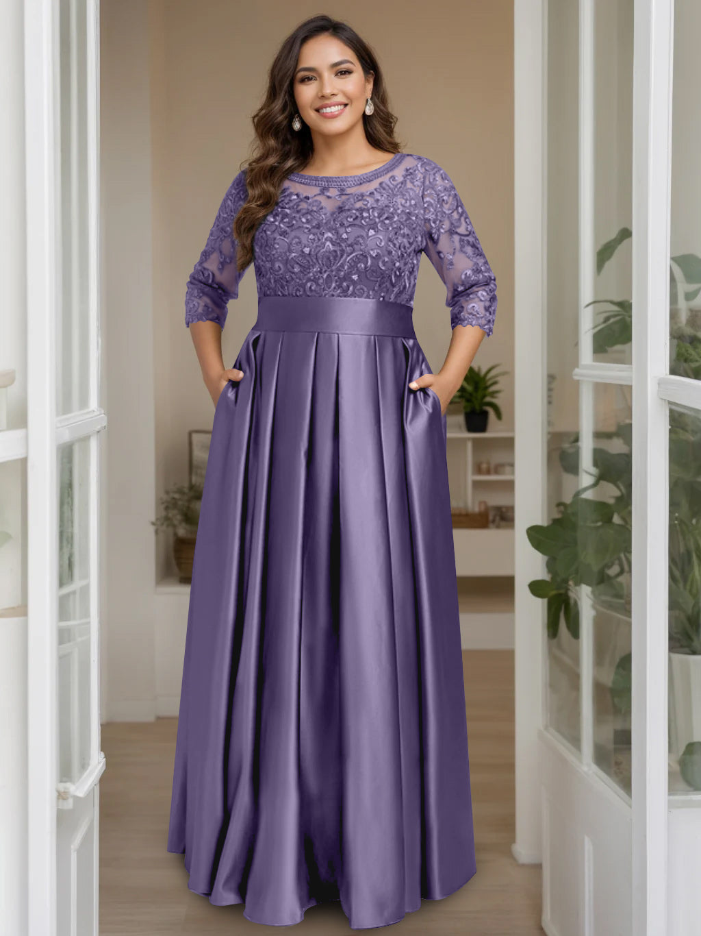 A-Line/Princess Scoop 3/4 Length Sleeves Floor-Length Plus Size Mother of the Bride Dresses with Bow & Sequins - 画像 (56)