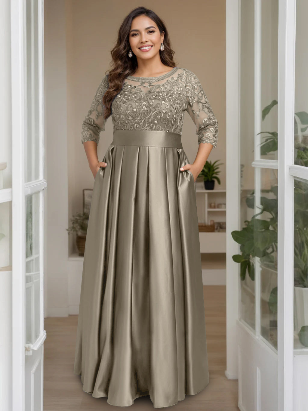 A-Line/Princess Scoop 3/4 Length Sleeves Floor-Length Plus Size Mother of the Bride Dresses with Bow & Sequins - 画像 (10)