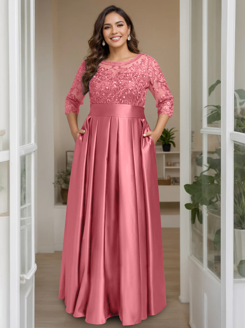 A-Line/Princess Scoop 3/4 Length Sleeves Floor-Length Plus Size Mother of the Bride Dresses with Bow & Sequins - 画像 (57)