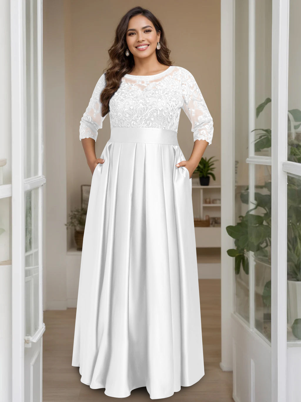 A-Line/Princess Scoop 3/4 Length Sleeves Floor-Length Plus Size Mother of the Bride Dresses with Bow & Sequins - 画像 (11)